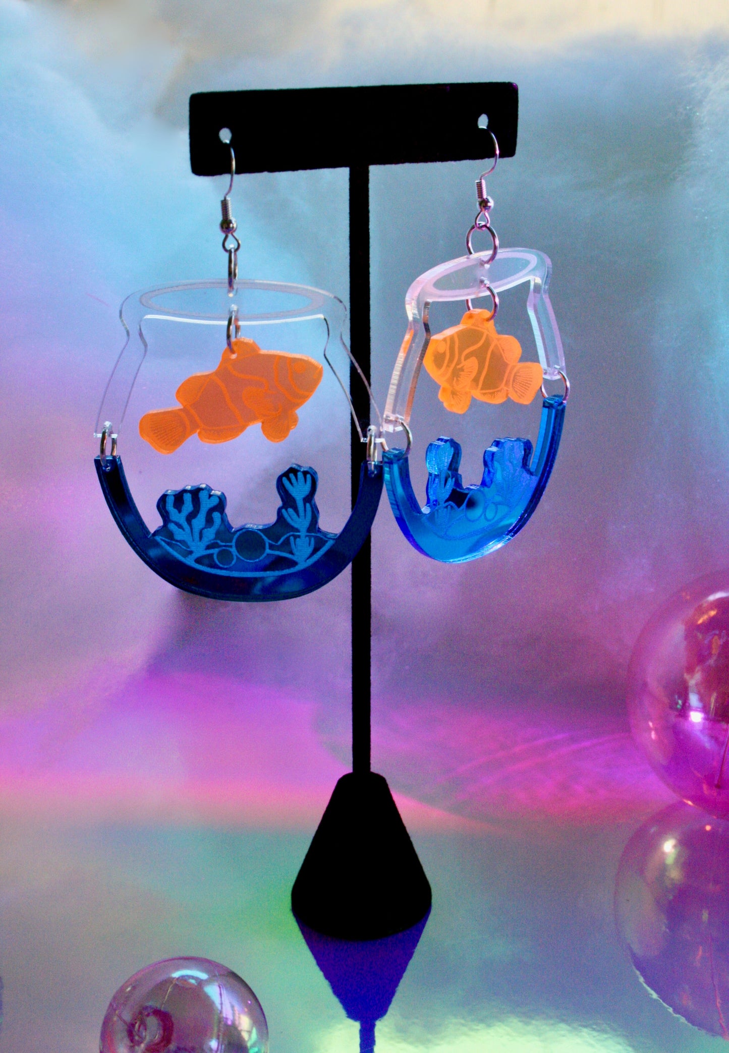 Fishbowl Earrings- Aquatic Water Ocean Clownfish Aquarium Sea Fish Tank