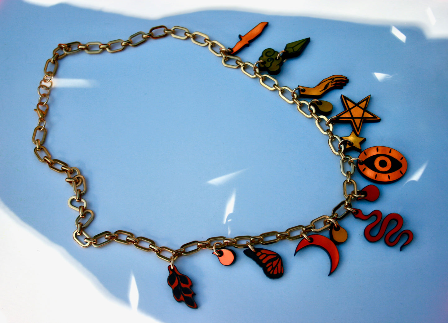 Gold Chain Midnight Iridescent Charm Necklace - Witchy Holo OOAK One of a Kind Detailed