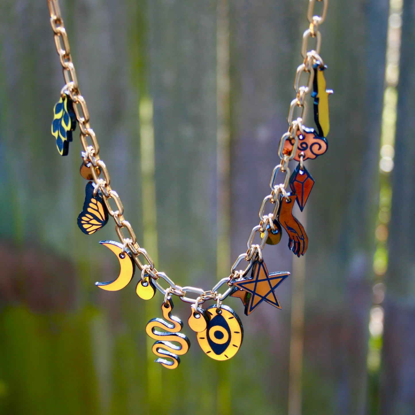 Gold Chain Midnight Iridescent Charm Necklace - Witchy Holo OOAK One of a Kind Detailed