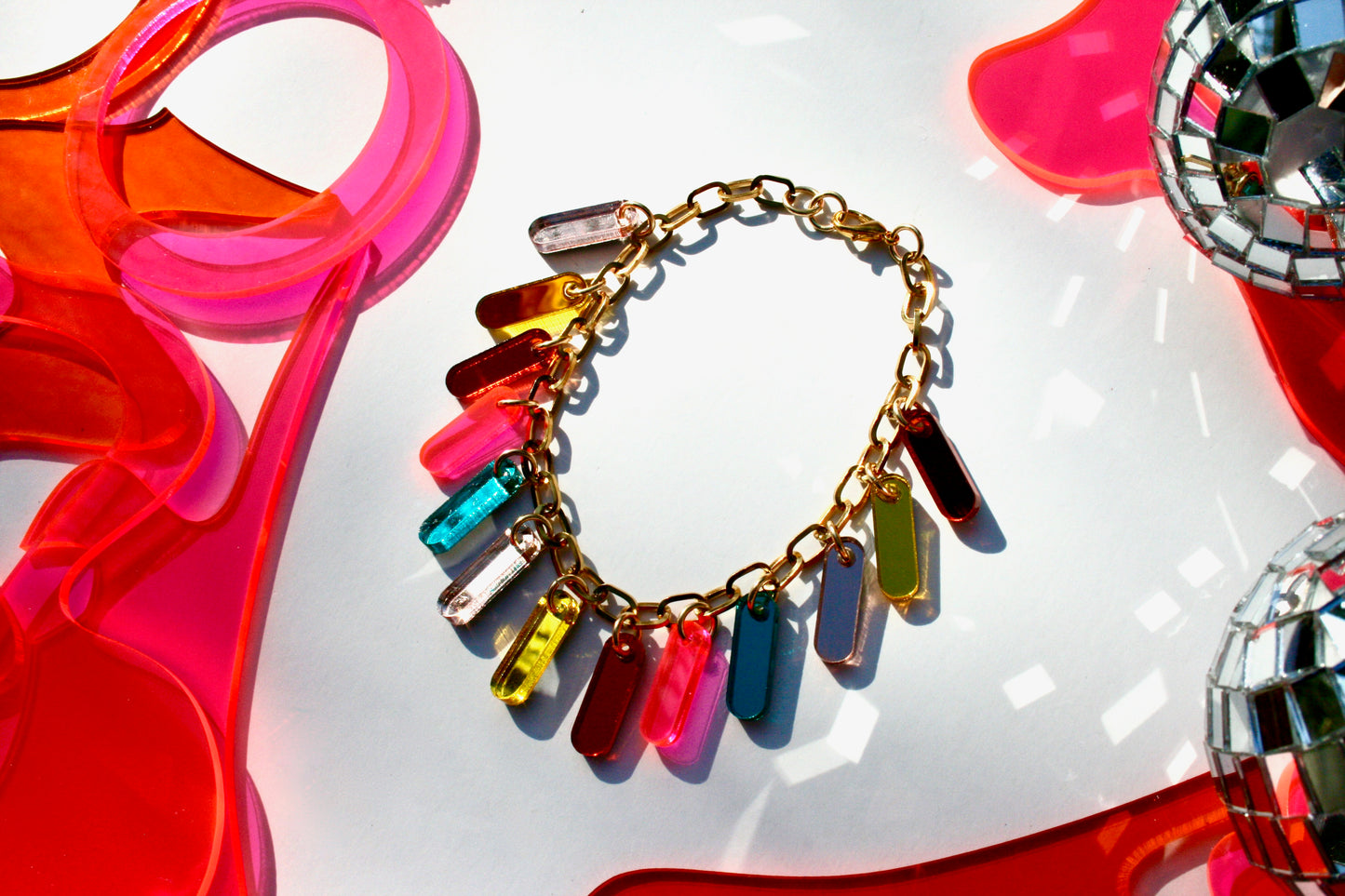 Rainbow Charm Bracelet - Reflective Colorful OOAK One of a Kind Detailed