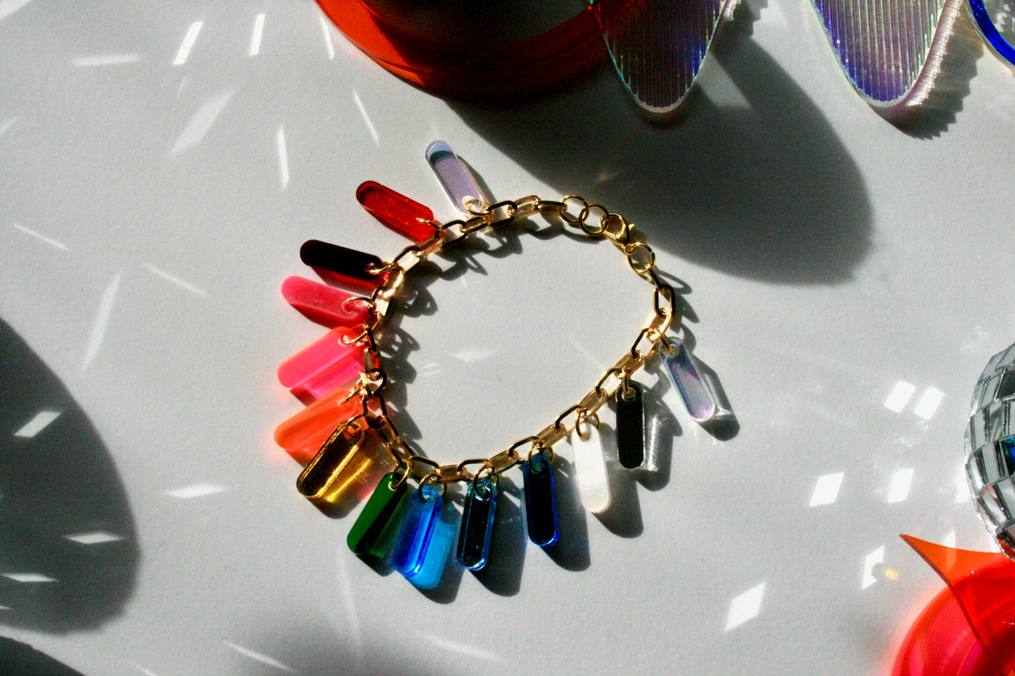 Rainbow Bracelet - Reflective Fluorescent Sparkly Colorful OOAK One of a Kind Detailed