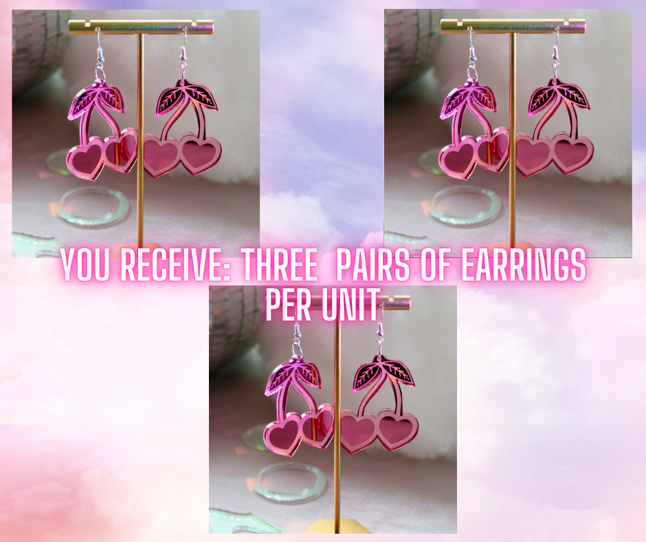 Wholesale- Cherry Heart Earrings- Reflective Kawaii Sweet Teardrop Lightweight Valentines