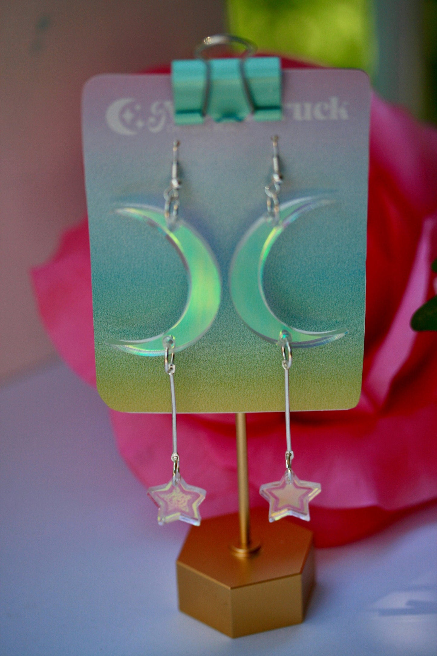 Wholesale- Crescent Moon Dangle Earrings- Luna Lunar Celestial Star Weather Planet Wiccan Witchy Goth Cosmic Lasercut Iridescent Reflective Rainbow Dangle