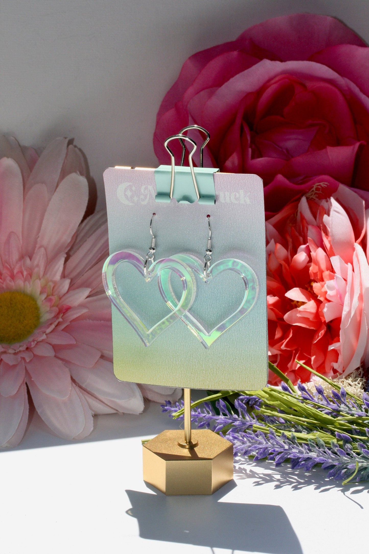 Wholesale- Heart Outline Earrings - Valentine Romantic Dreamy Cutout Emoji Lasercut Iridescent Reflective Rainbow Dangle Festival Rave Party Wear Holo