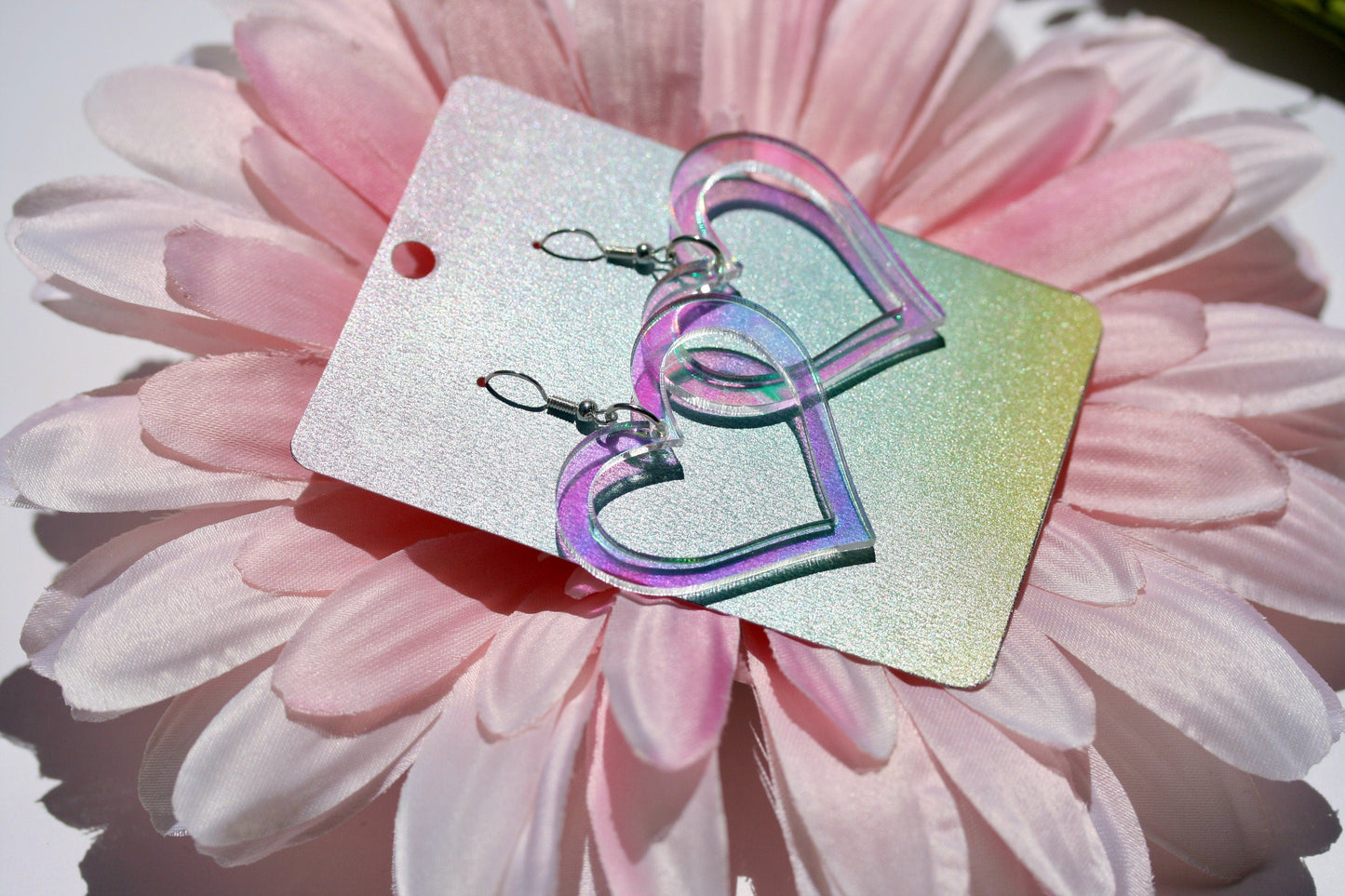 Wholesale- Heart Outline Earrings - Valentine Romantic Dreamy Cutout Emoji Lasercut Iridescent Reflective Rainbow Dangle Festival Rave Party Wear Holo