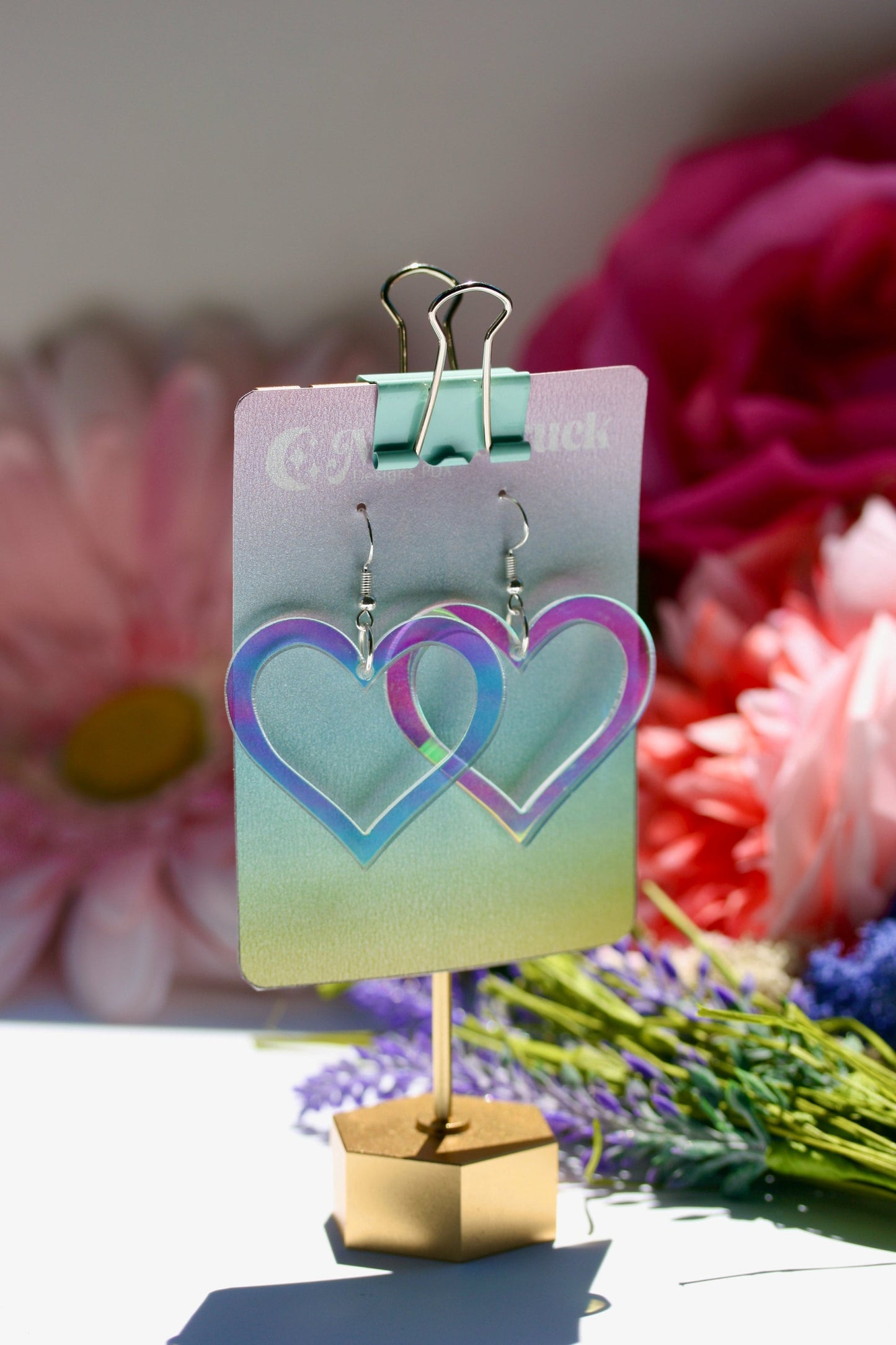 Wholesale- Heart Outline Earrings - Valentine Romantic Dreamy Cutout Emoji Lasercut Iridescent Reflective Rainbow Dangle Festival Rave Party Wear Holo
