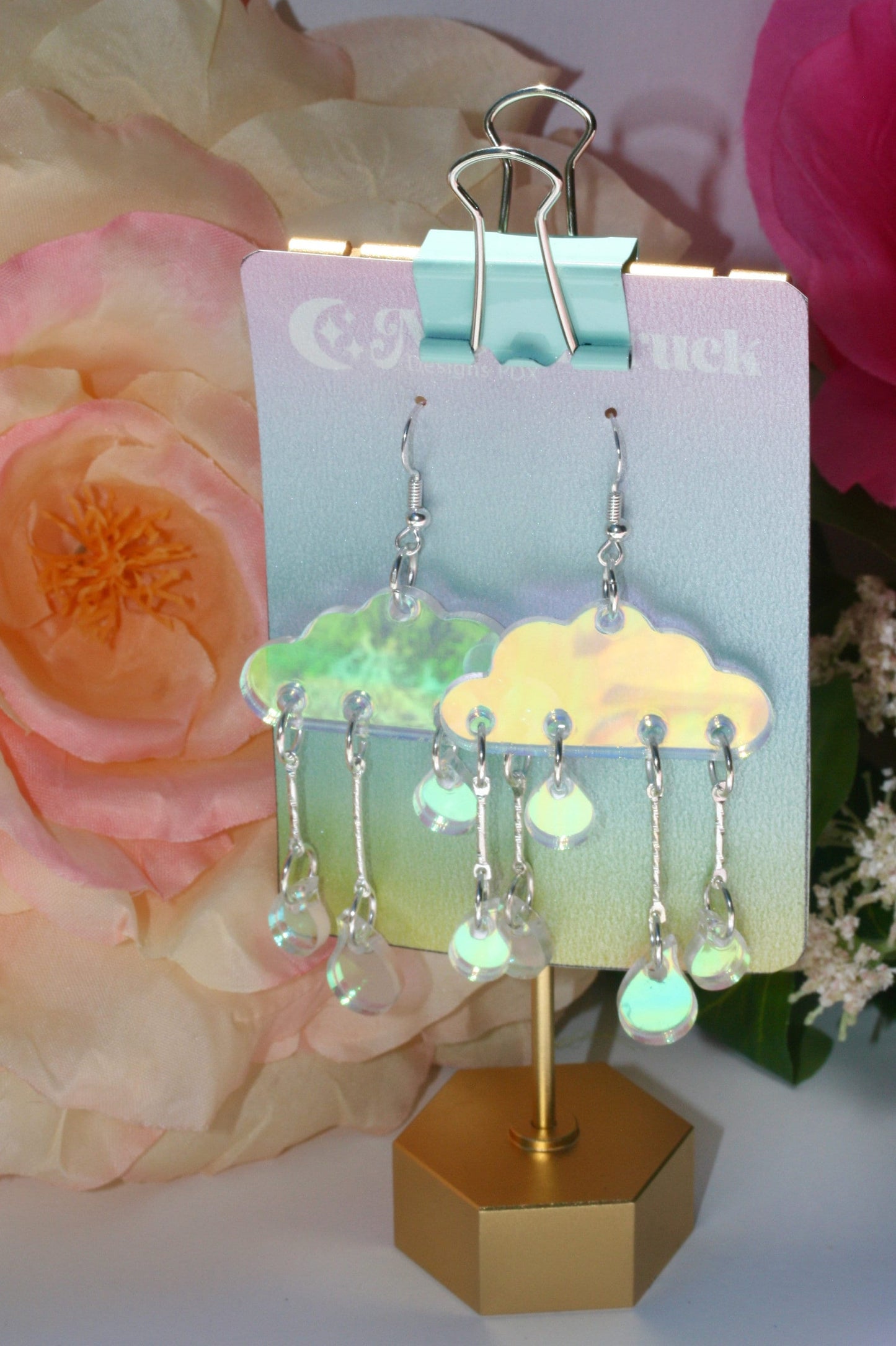 Wholesale- Cloud Earrings- Sky Celestial Earth Cosmic Solar Raindrops Storm Weather Holo Emoji Lasercut Iridescent Reflective Rainbow Dangle Earrings