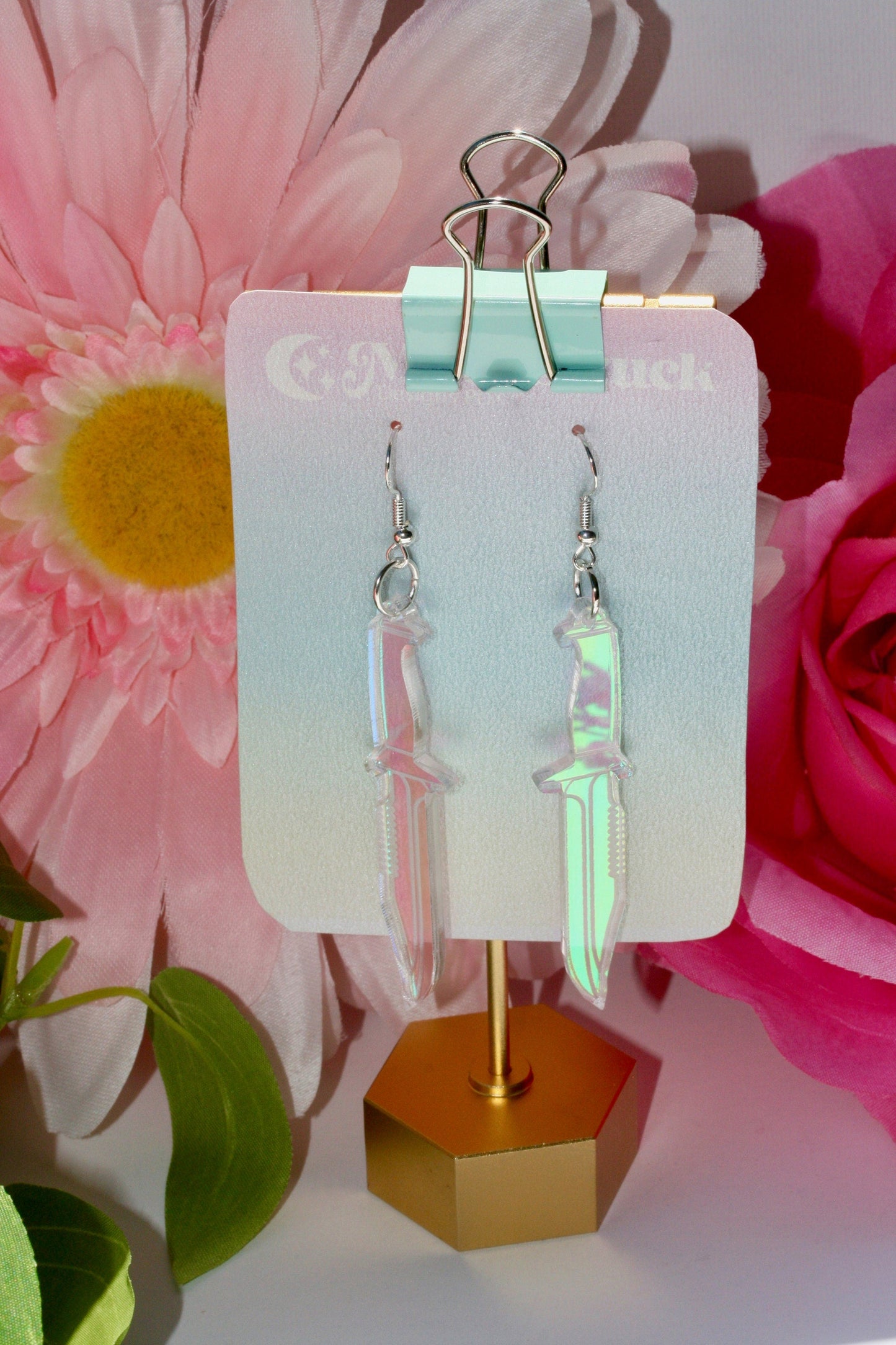 Wholesale- Knife Earrings - Dagger Weapon Sword Iridescent Holographic Tool Cutter Reflective Dangle Goth Fantasy Rainbow Lasercut