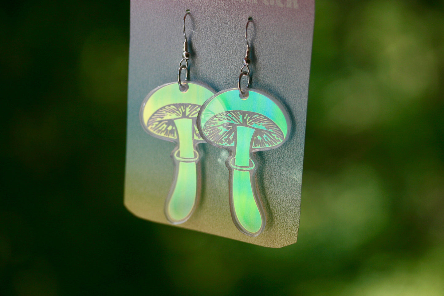Wholesale- Long Mushroom Earrings- Fungi Fungus Acrylic Laser Cut USA Iridescent Reflective Rainbow Charm Large Pacific Northwest PNW Festival Rave Party