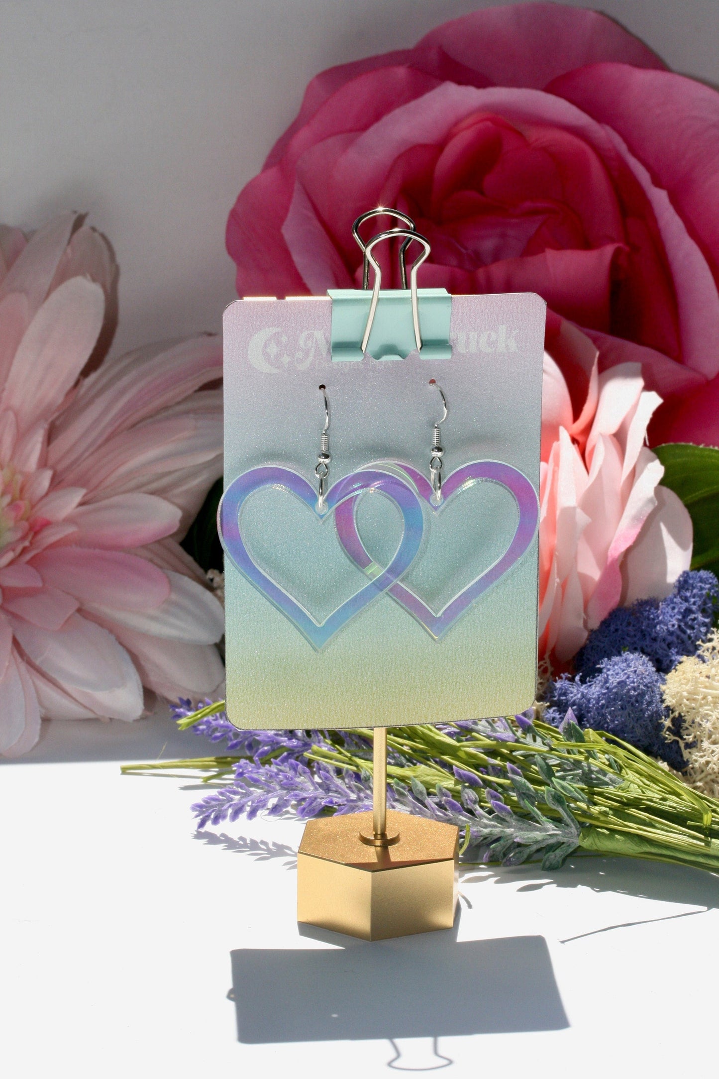 Wholesale- Heart Outline Earrings - Valentine Romantic Dreamy Cutout Emoji Lasercut Iridescent Reflective Rainbow Dangle Festival Rave Party Wear Holo