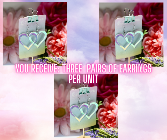 Wholesale- Heart Outline Earrings - Valentine Romantic Dreamy Cutout Emoji Lasercut Iridescent Reflective Rainbow Dangle Festival Rave Party Wear Holo