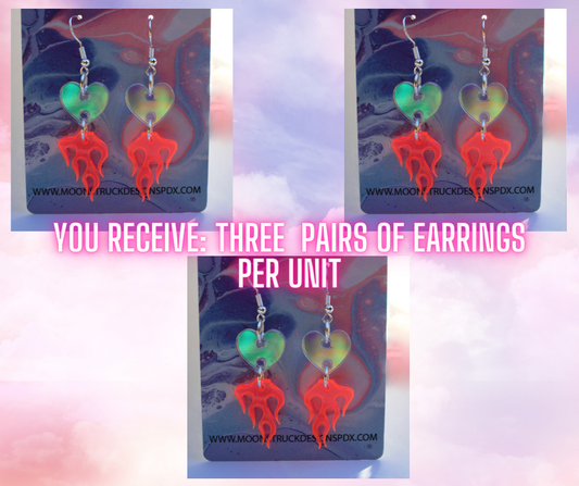 Wholesale- Heart & Flame Dangle Earrings- Iridescent Pink Cute Kawaii Petite