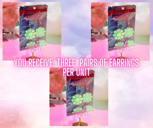 Wholesale- Double Daisy Earrings - Retro Groovy 70s Flower Bloom Blossom Plant Color Shift Jewelry Dangle Acrylic Holo Iridescent Rainbow Reflective