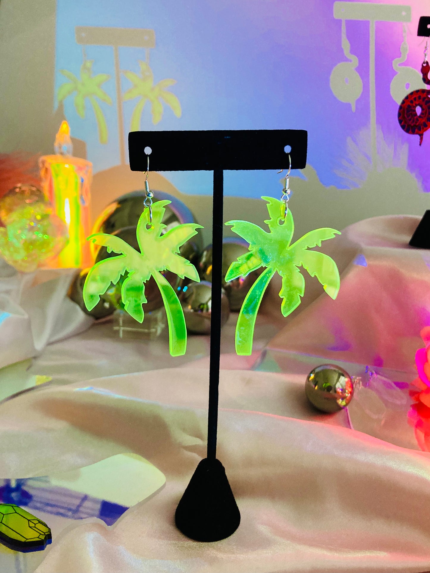 Neon Green Blacklight Reactive Large Lightweight Witchy Palm Trees Flower Beach Rave Tropical Hawaiian Rave Earrings