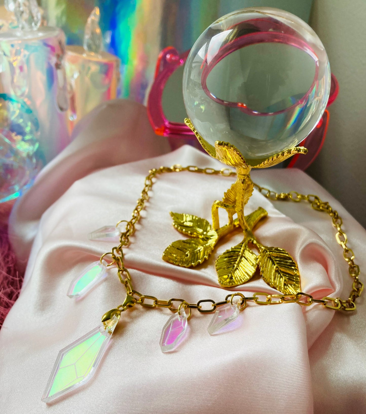 Iridescent Prism Necklace - Lasercut Holo Rainbow Reflective Suncatcher Crystal Gold Chain