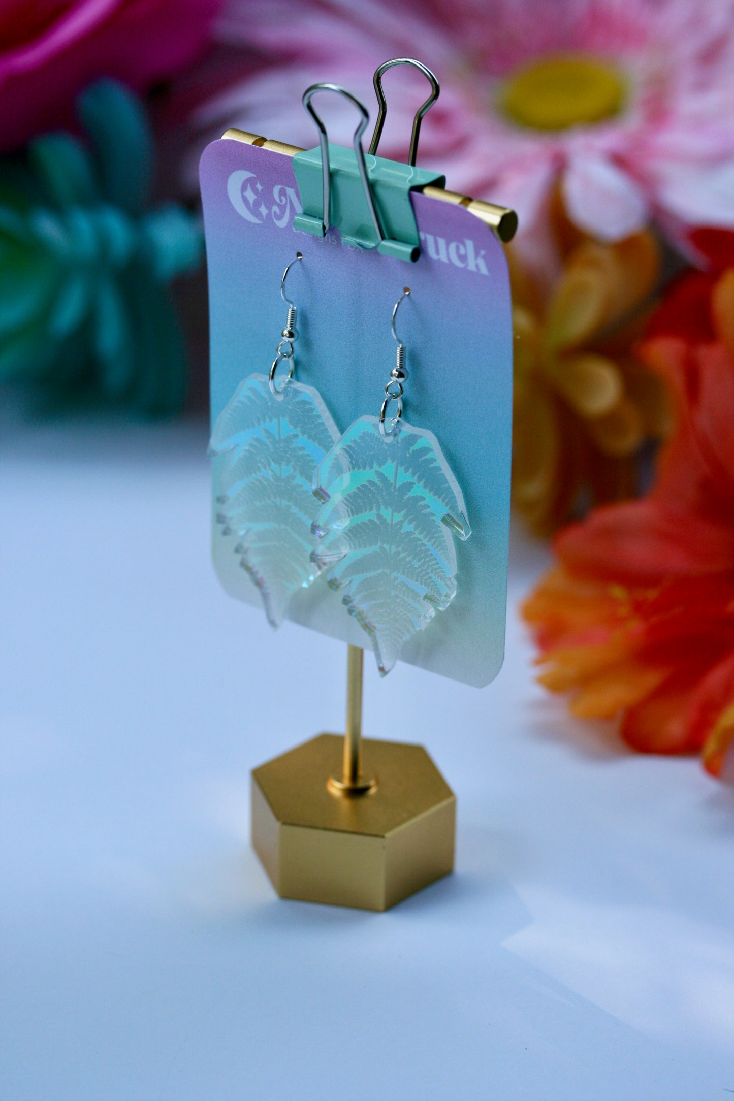 Fern Earrings - Pacific Northwest PNW Leaf Plant Acrylic Laser Cut USA Iridescent Sparkly Reflective Rainbow Opalescent Charm Nature Forest
