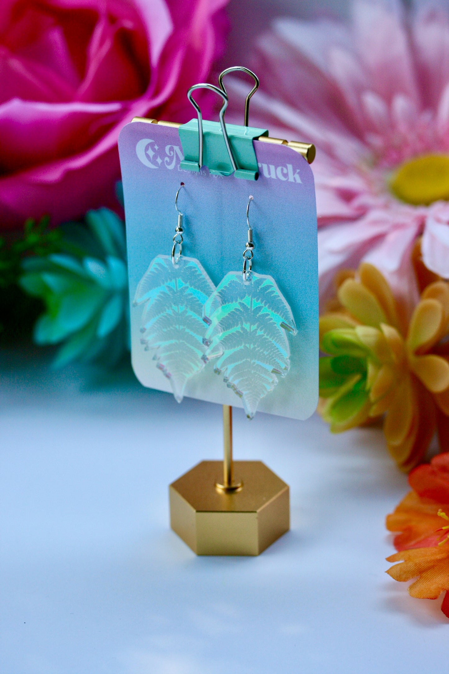 Fern Earrings - Pacific Northwest PNW Leaf Plant Acrylic Laser Cut USA Iridescent Sparkly Reflective Rainbow Opalescent Charm Nature Forest