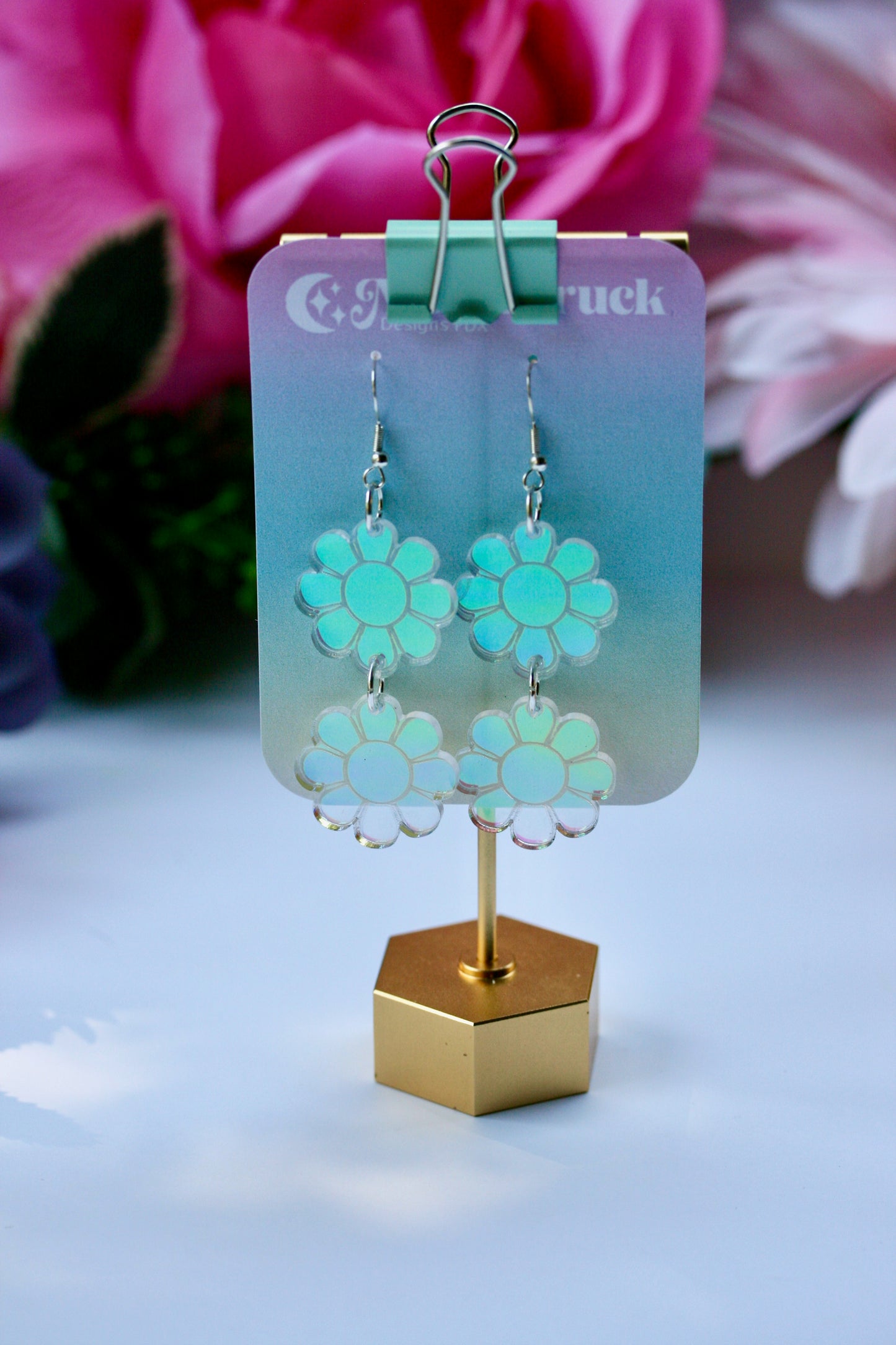 Double Daisy Earrings - Retro Groovy 70s Flower Bloom Blossom Plant Color Shift Jewelry Dangle Acrylic Holo Iridescent Rainbow Reflective
