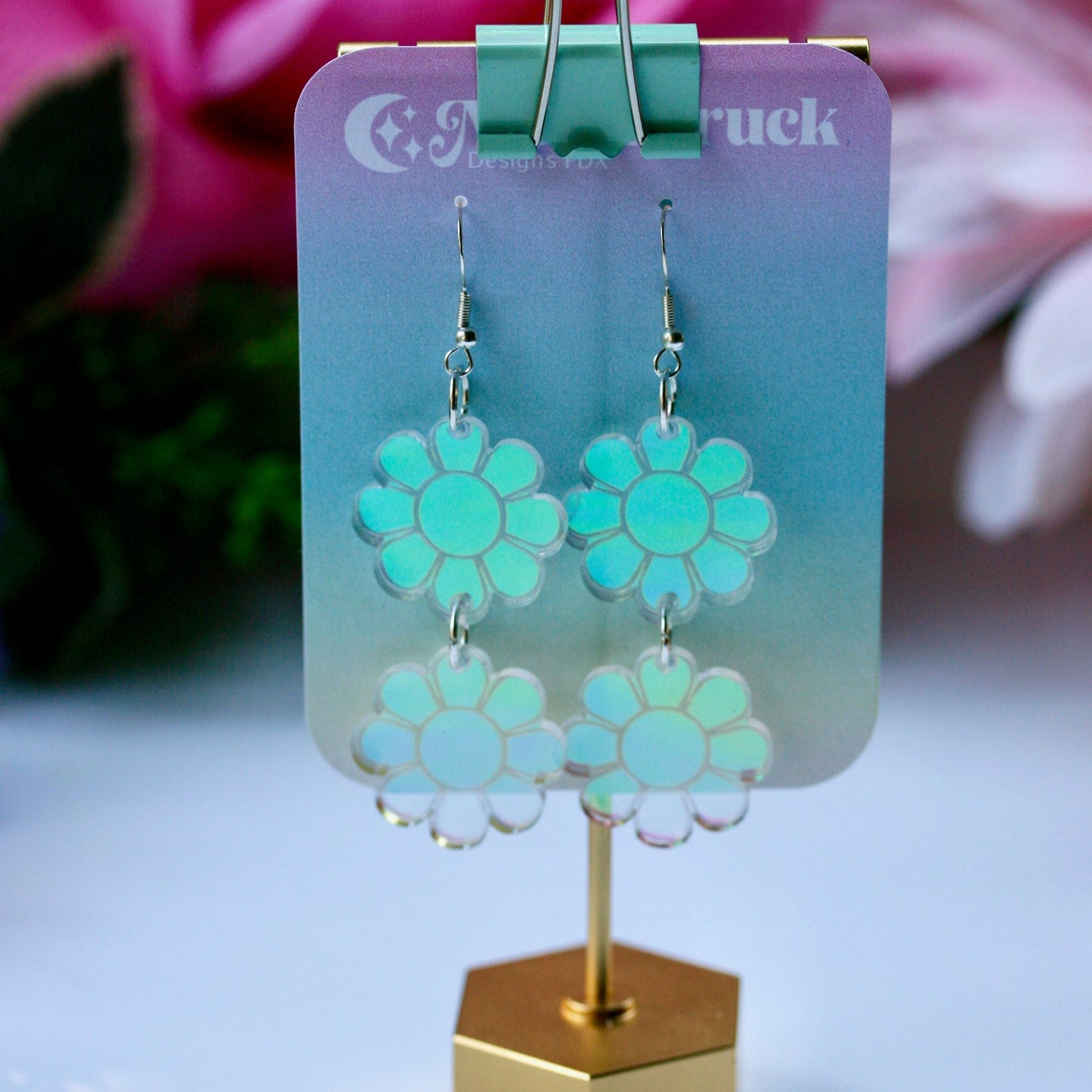 Double Daisy Earrings - Retro Groovy 70s Flower Bloom Blossom Plant Color Shift Jewelry Dangle Acrylic Holo Iridescent Rainbow Reflective
