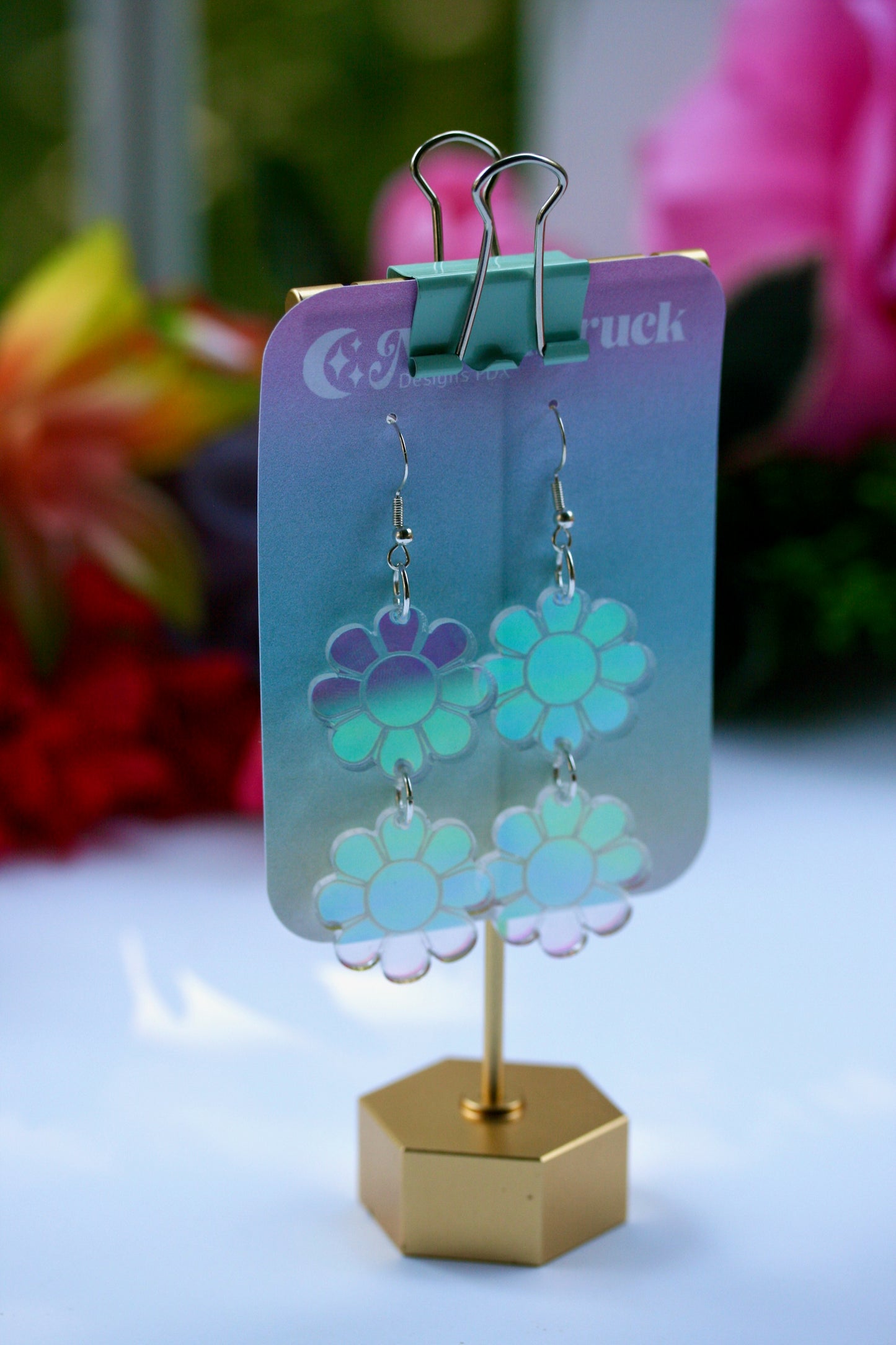 Double Daisy Earrings - Retro Groovy 70s Flower Bloom Blossom Plant Color Shift Jewelry Dangle Acrylic Holo Iridescent Rainbow Reflective