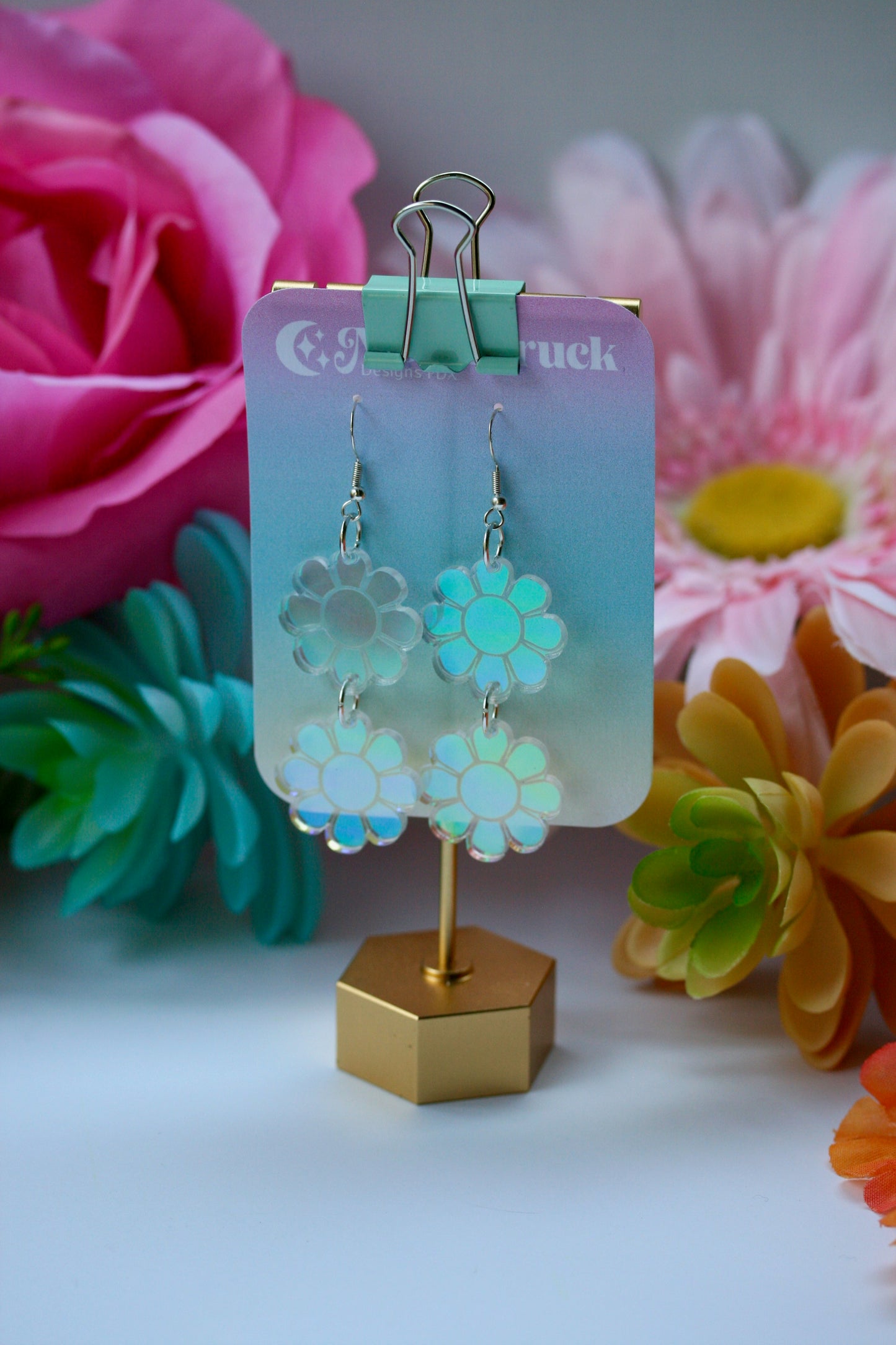 Double Daisy Earrings - Retro Groovy 70s Flower Bloom Blossom Plant Color Shift Jewelry Dangle Acrylic Holo Iridescent Rainbow Reflective