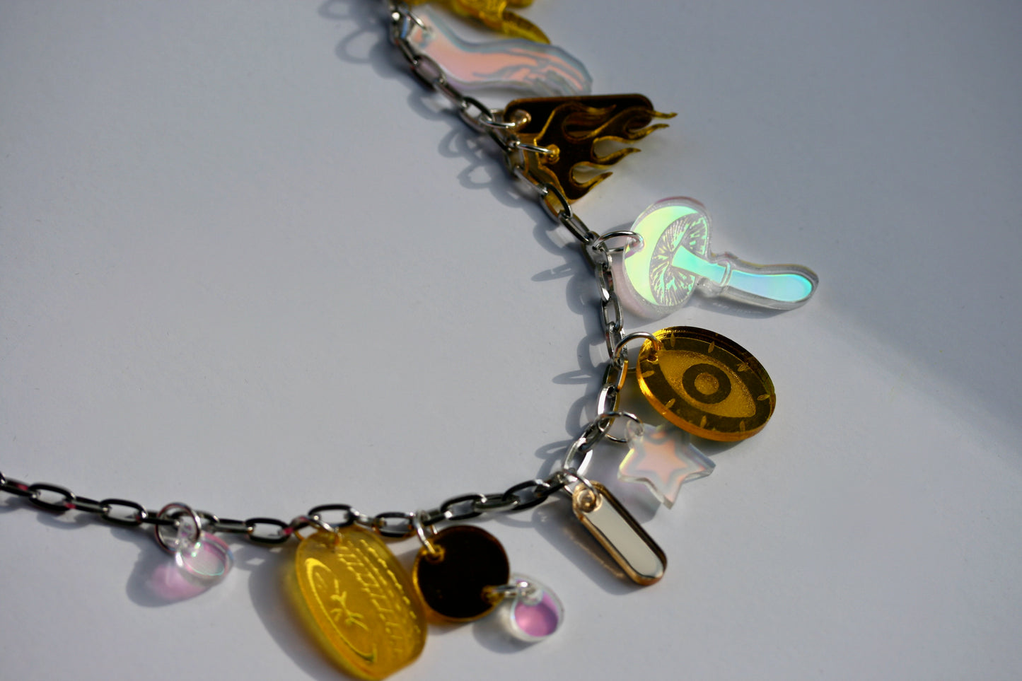 Yellow Gold and Iridescent Charm Necklace - Lasercut Holo Rainbow Multicolor Mirrored Detailed One of a Kind OOAK