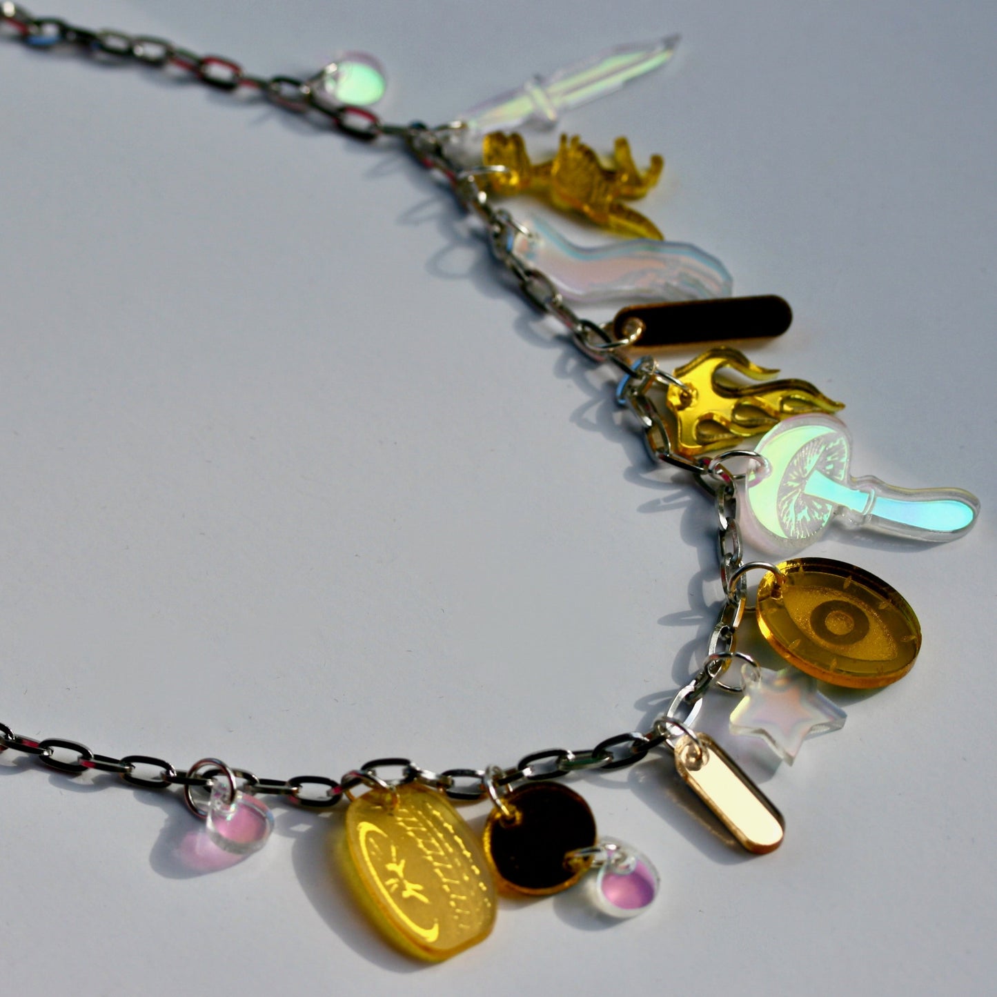 Yellow Gold and Iridescent Charm Necklace - Lasercut Holo Rainbow Multicolor Mirrored Detailed One of a Kind OOAK