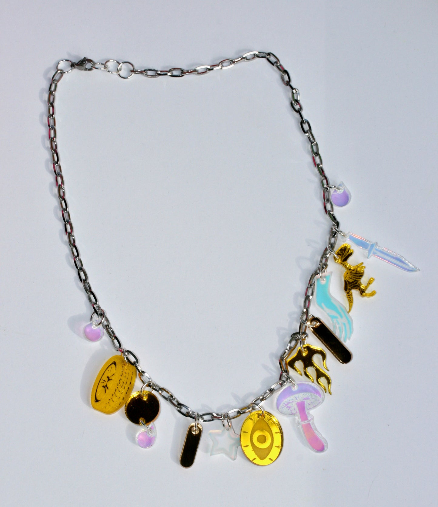 Yellow Gold and Iridescent Charm Necklace - Lasercut Holo Rainbow Multicolor Mirrored Detailed One of a Kind OOAK