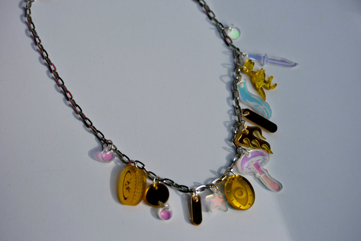 Yellow Gold and Iridescent Charm Necklace - Lasercut Holo Rainbow Multicolor Mirrored Detailed One of a Kind OOAK