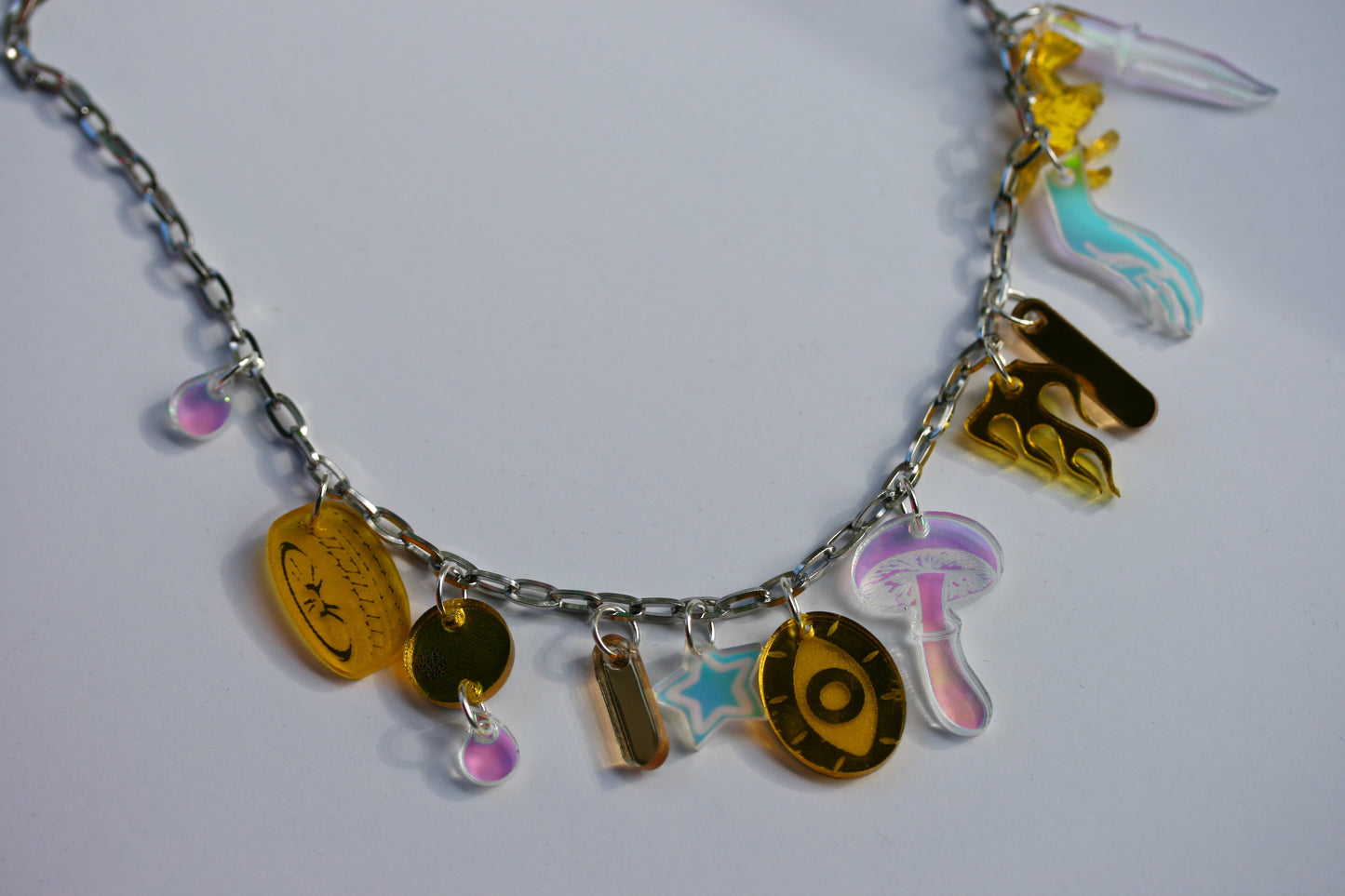 Yellow Gold and Iridescent Charm Necklace - Lasercut Holo Rainbow Multicolor Mirrored Detailed One of a Kind OOAK