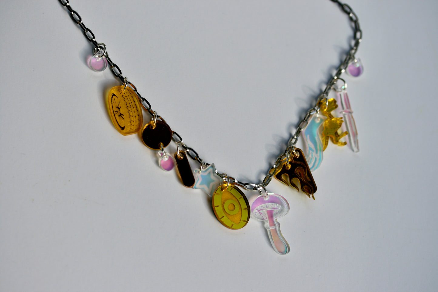 Yellow Gold and Iridescent Charm Necklace - Lasercut Holo Rainbow Multicolor Mirrored Detailed One of a Kind OOAK