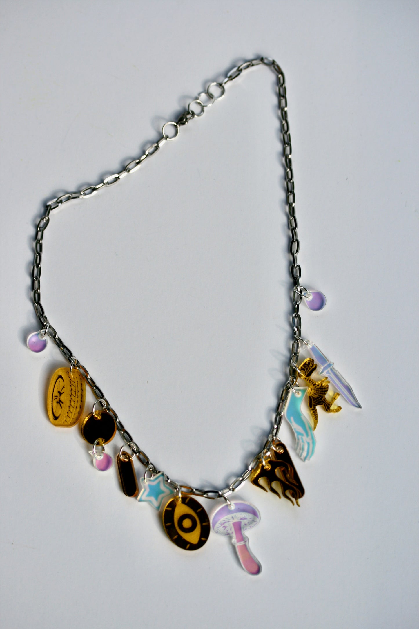 Yellow Gold and Iridescent Charm Necklace - Lasercut Holo Rainbow Multicolor Mirrored Detailed One of a Kind OOAK