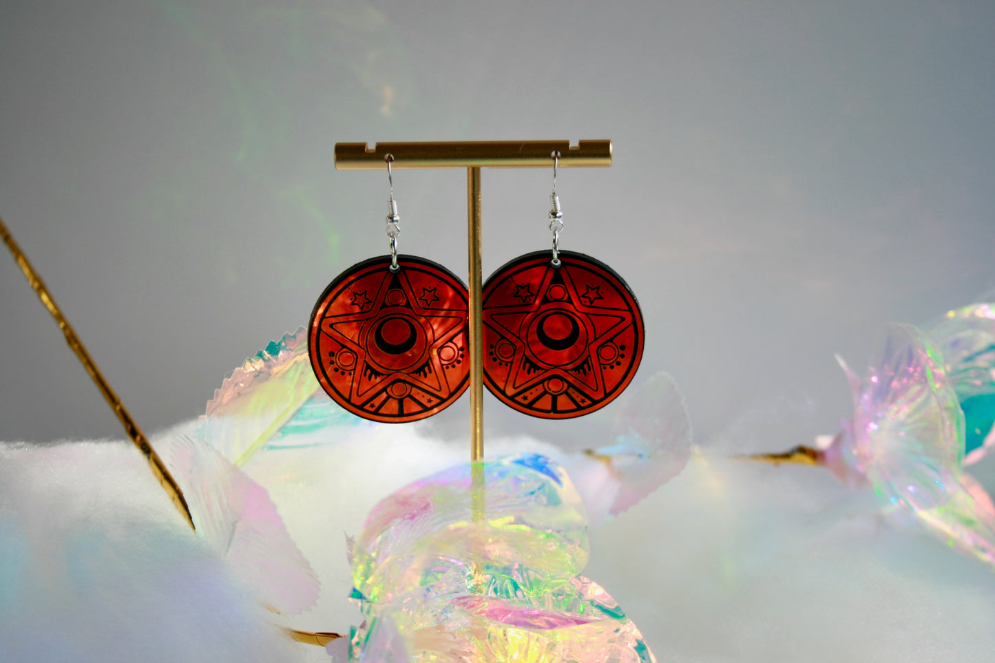 Iridescent Round Pentagram Occult Witchy Pastel Goth 70s Witchy Glam Star Earrings