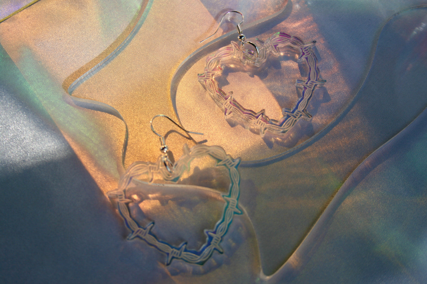 Black Iridescent Reflective Holographic Detailed Lightweight Witchy Occult Valentines Day Barbed Wire Heart Shaped Earrings