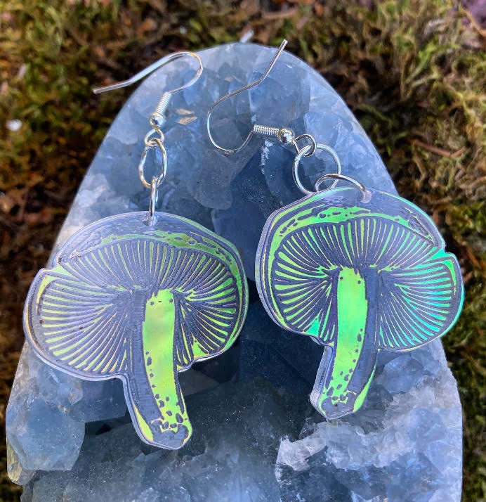 Short Mushroom Earrings- Pacific Northwest PNW Plant Fungi Acrylic Laser Cut USA Iridescent Sparkly Reflective Rainbow Opalescent Charm