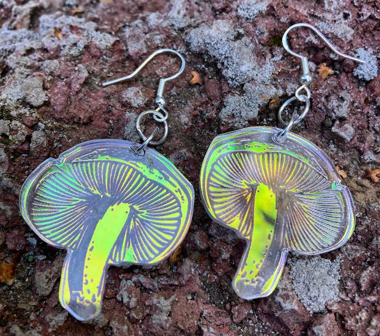 Short Mushroom Earrings- Pacific Northwest PNW Plant Fungi Acrylic Laser Cut USA Iridescent Sparkly Reflective Rainbow Opalescent Charm