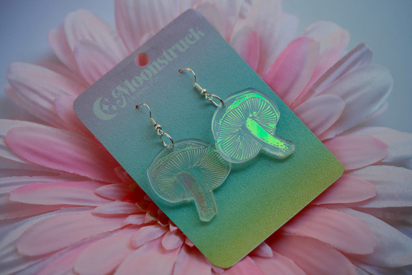 Short Mushroom Earrings- Pacific Northwest PNW Plant Fungi Acrylic Laser Cut USA Iridescent Sparkly Reflective Rainbow Opalescent Charm