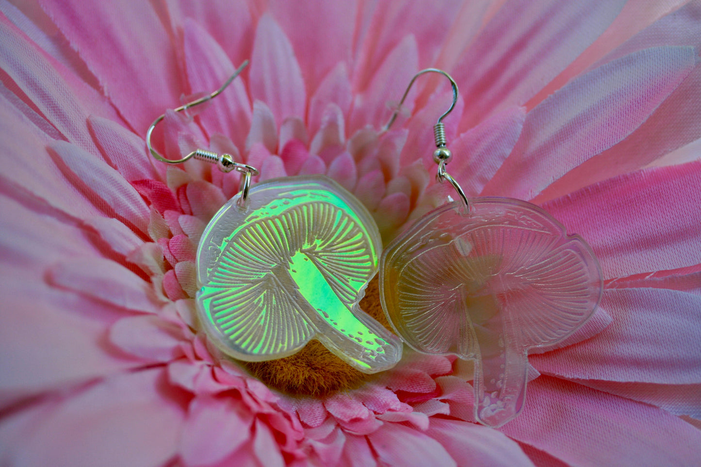 Short Mushroom Earrings- Pacific Northwest PNW Plant Fungi Acrylic Laser Cut USA Iridescent Sparkly Reflective Rainbow Opalescent Charm