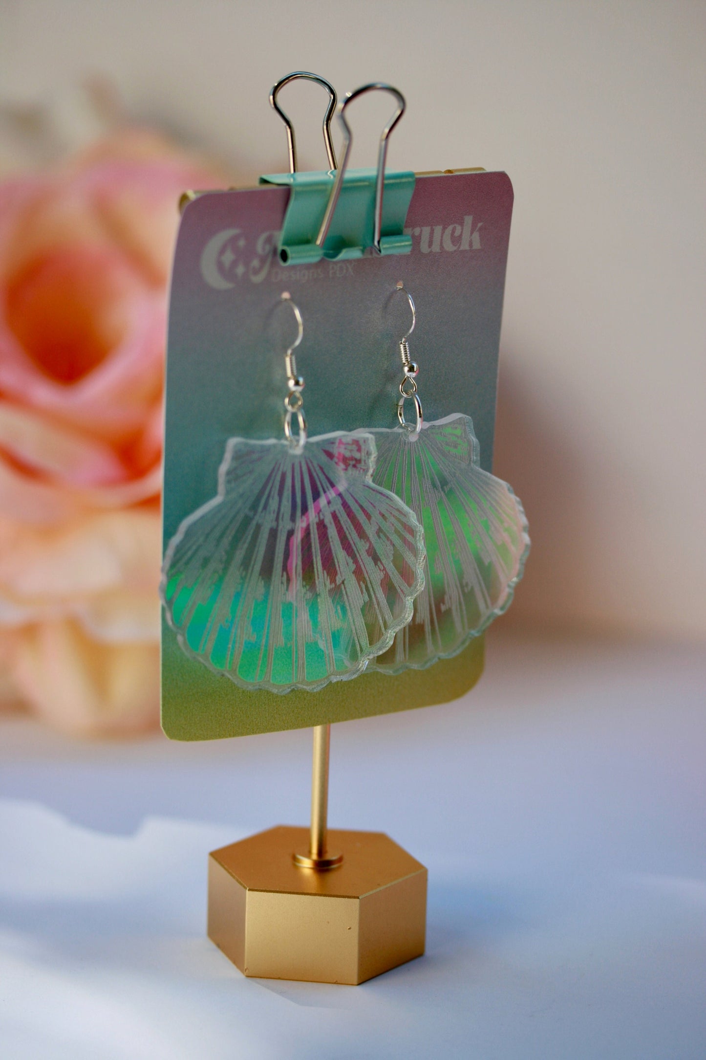 Scallop Shell Earrings- Ocean Conch Seashell Clam Seaside Beach Shell Ocean Lasercut Acrylic Iridescent Rainbow Large Mussel Holo Festival