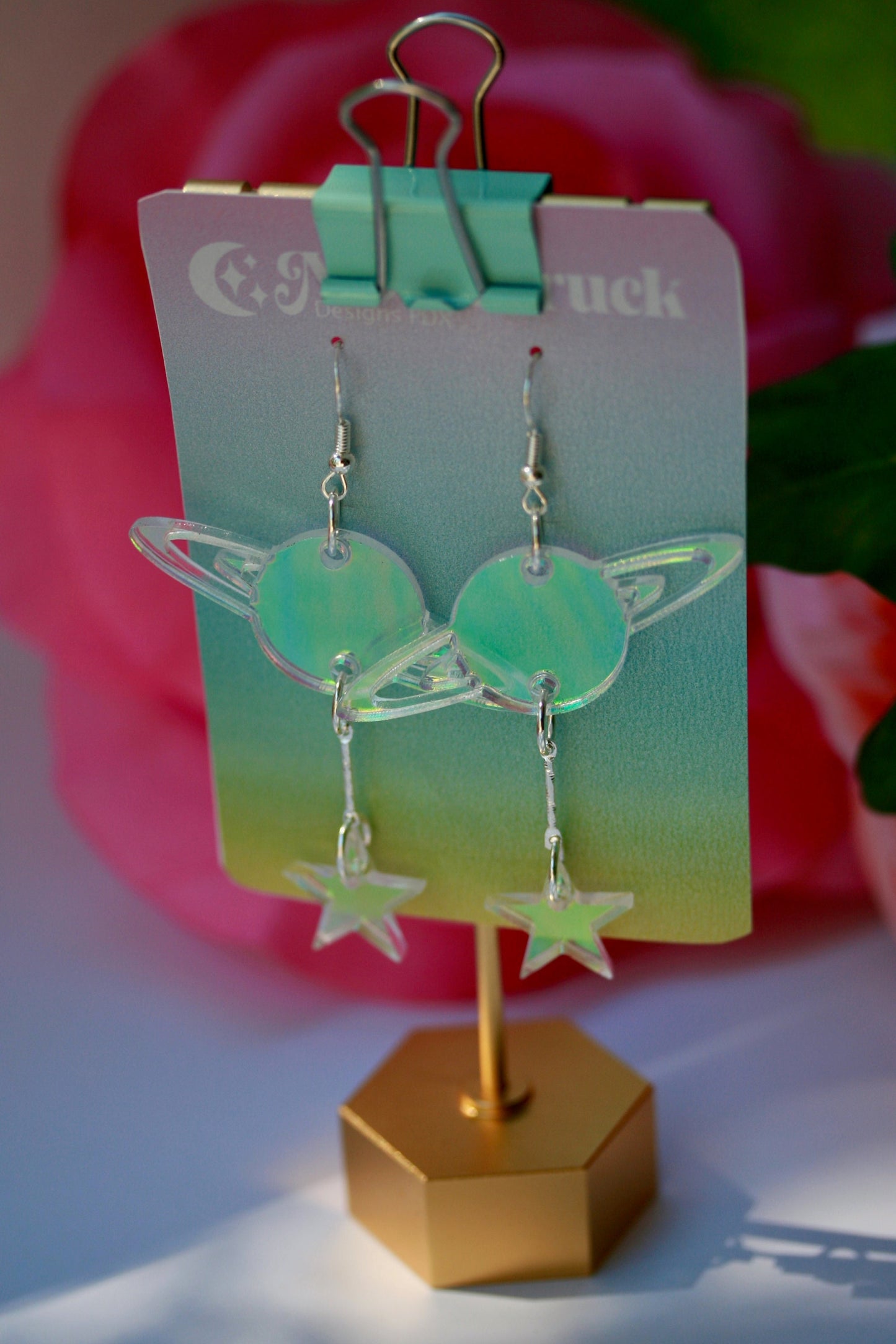 Saturn Earrings- Sky Celestial Earth Cosmic Solar System Planet Globe Blackhole Star Holo Lasercut Iridescent Reflective Rainbow Earrings