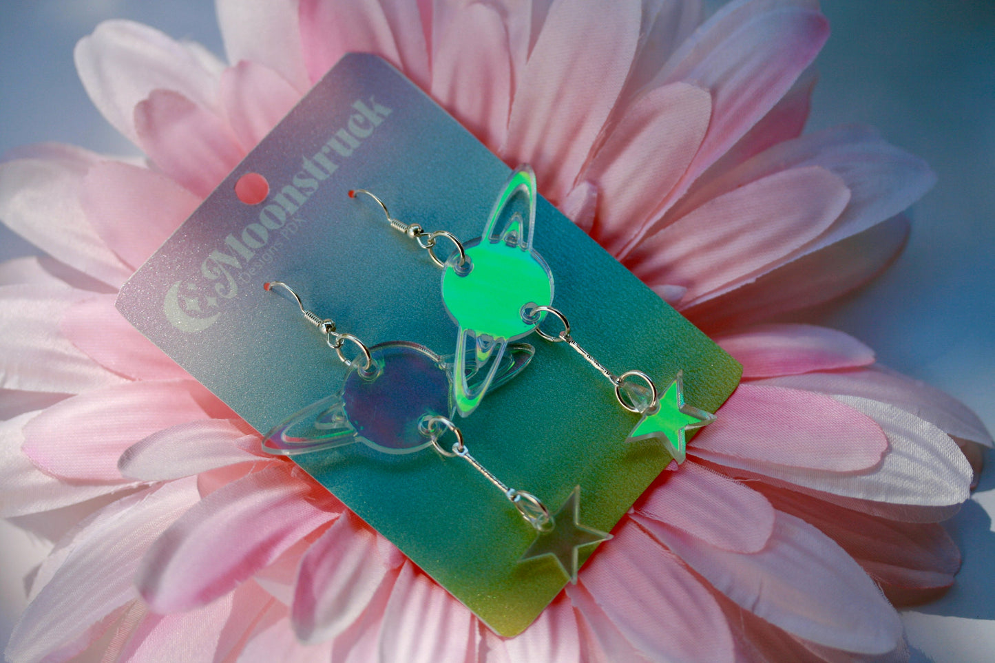 Saturn Earrings- Sky Celestial Earth Cosmic Solar System Planet Globe Blackhole Star Holo Lasercut Iridescent Reflective Rainbow Earrings