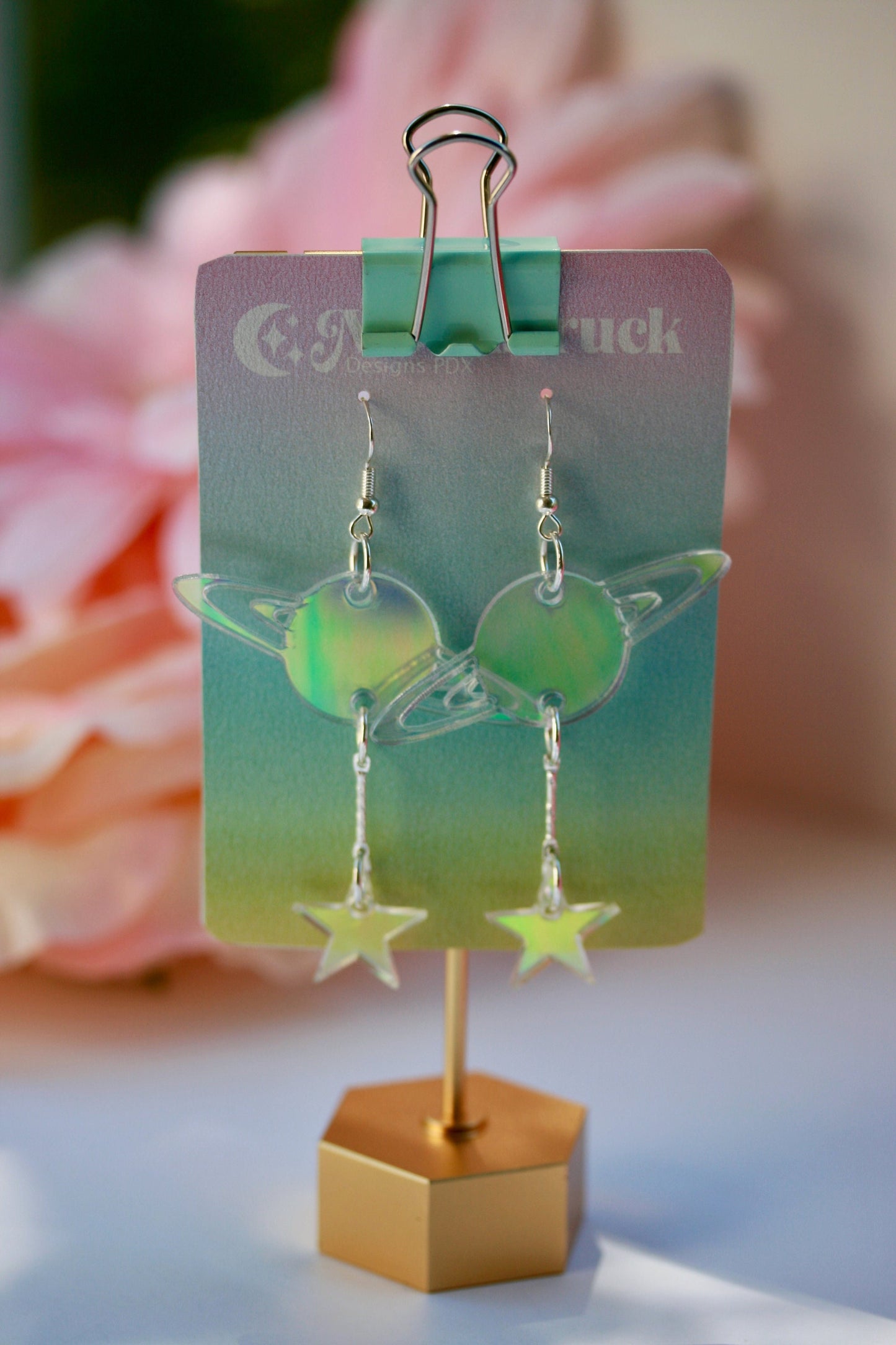 Saturn Earrings- Sky Celestial Earth Cosmic Solar System Planet Globe Blackhole Star Holo Lasercut Iridescent Reflective Rainbow Earrings