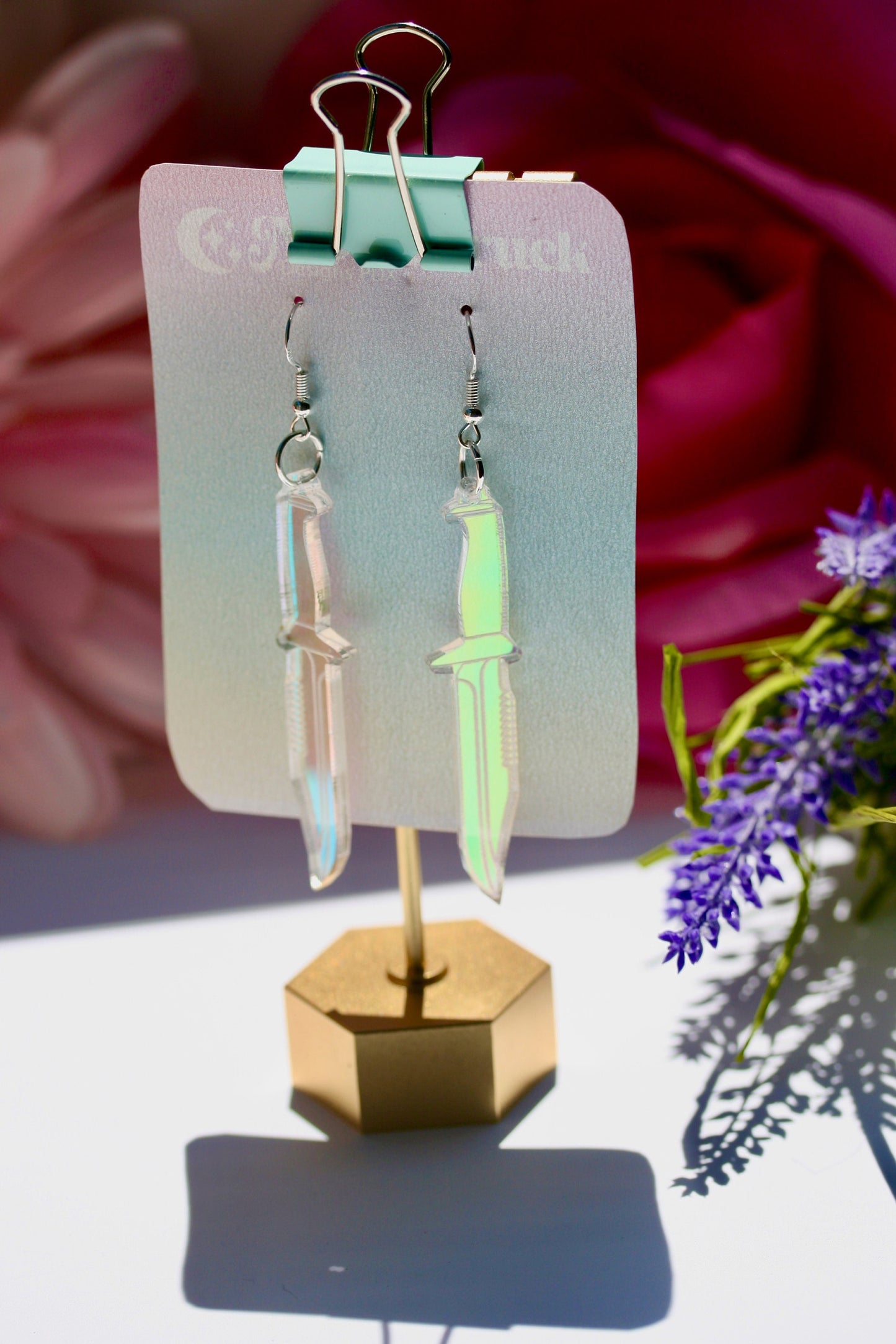 Knife Earrings - Dagger Weapon Sword Iridescent Holographic Tool Cutter Reflective Dangle Goth Fantasy Rainbow Lasercut