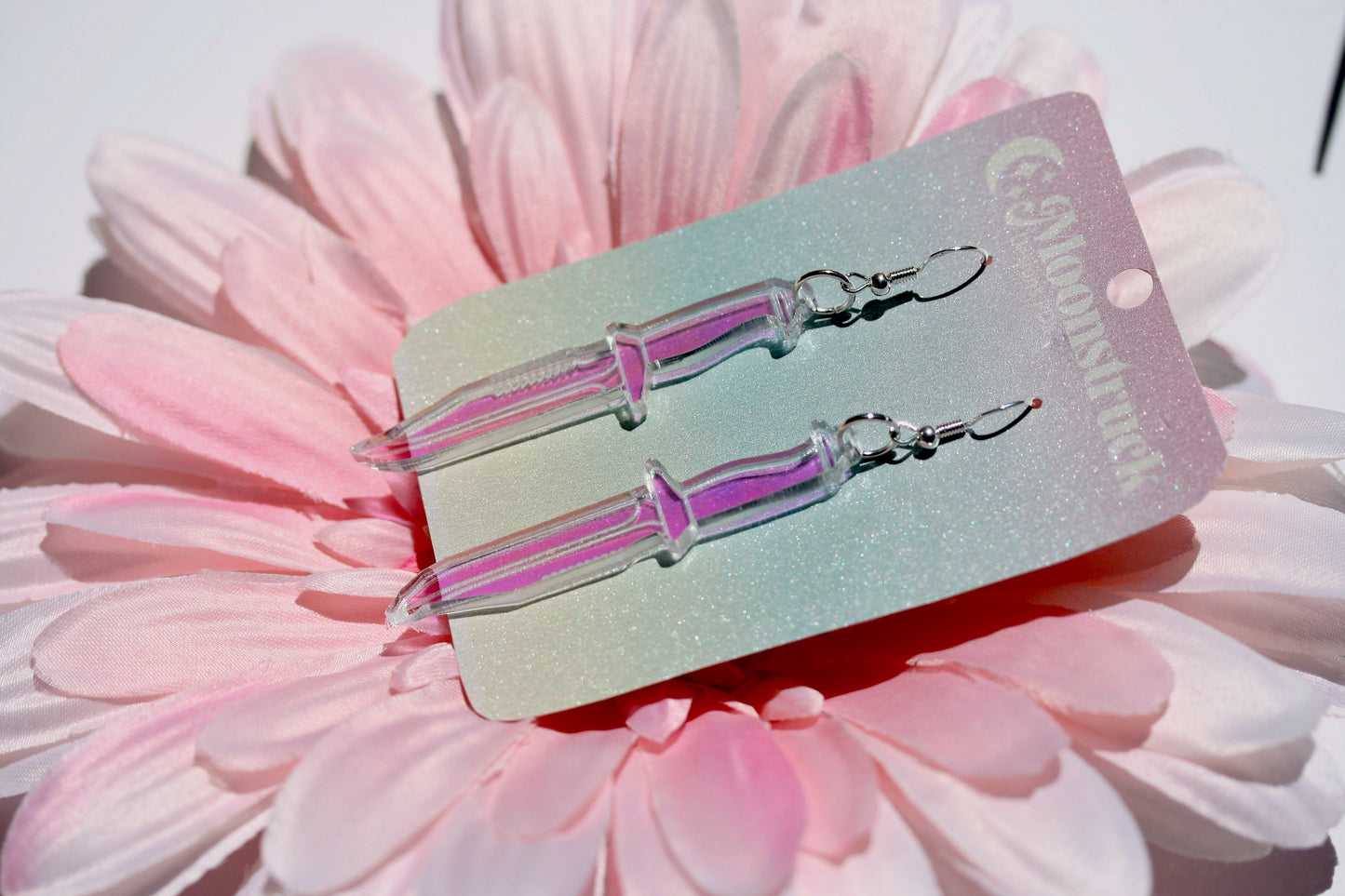 Knife Earrings - Dagger Weapon Sword Iridescent Holographic Tool Cutter Reflective Dangle Goth Fantasy Rainbow Lasercut