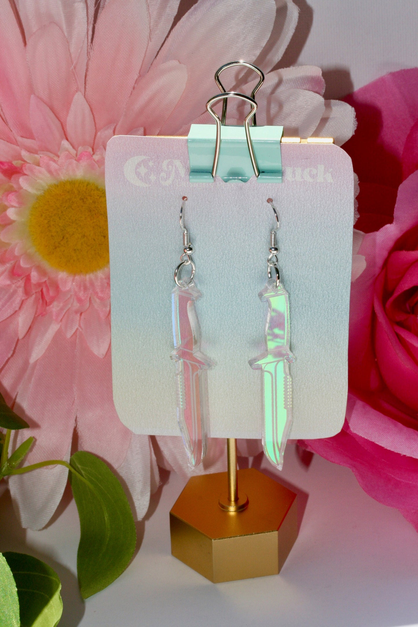Knife Earrings - Dagger Weapon Sword Iridescent Holographic Tool Cutter Reflective Dangle Goth Fantasy Rainbow Lasercut