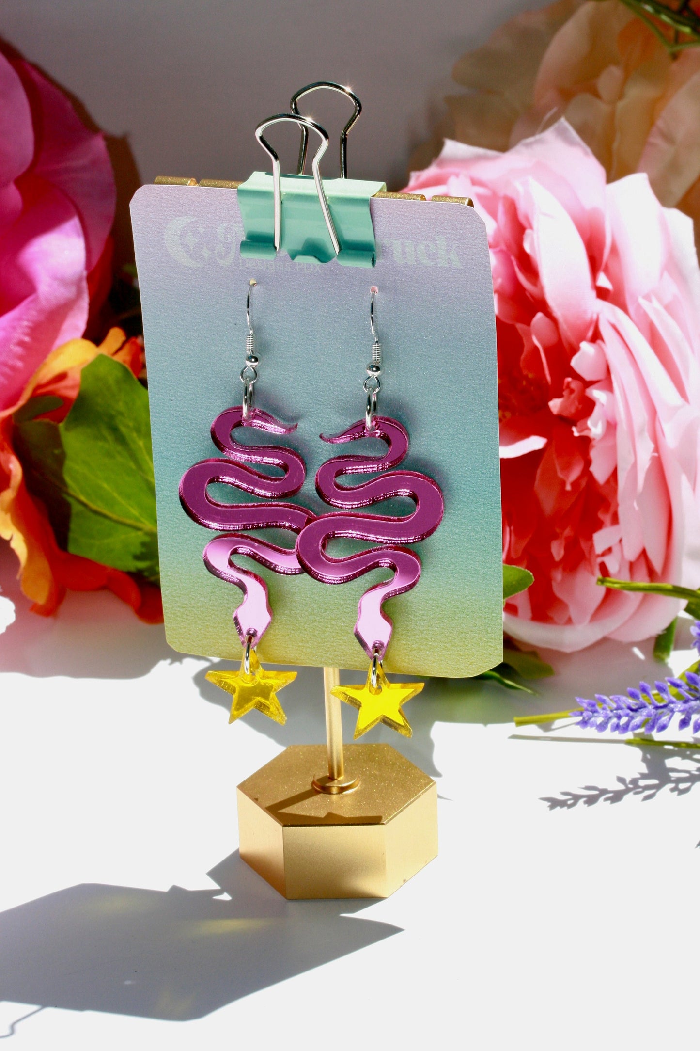 Snake Earrings - Reflective Pink Teal Green Yellow Star Sunburst Tropical Witchy Goth Seapunk Serpent Reptile Festival Rave Sterling Silver