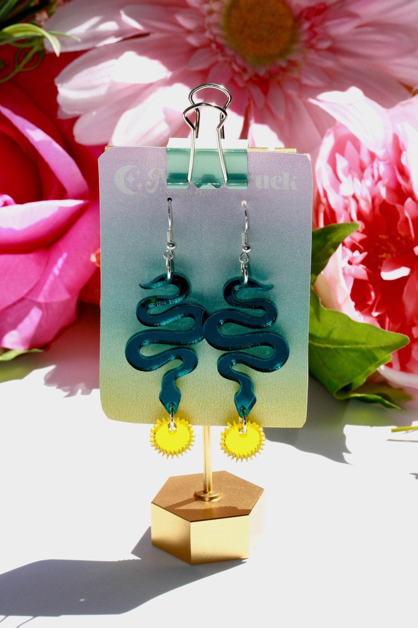 Snake Earrings - Reflective Pink Teal Green Yellow Star Sunburst Tropical Witchy Goth Seapunk Serpent Reptile Festival Rave Sterling Silver