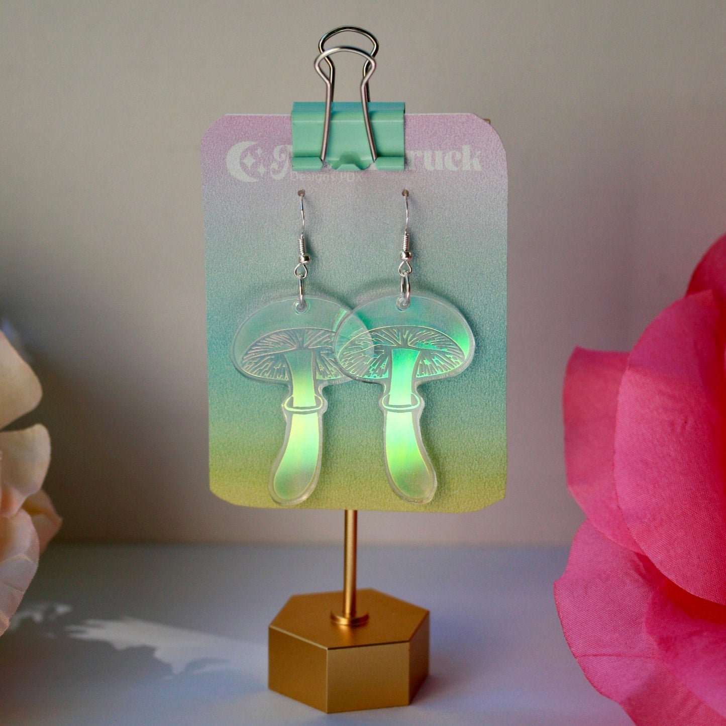 Long Mushroom Earrings- Fungi Fungus Acrylic Laser Cut USA Iridescent Reflective Rainbow Charm Large Pacific Northwest PNW Festival Rave Party