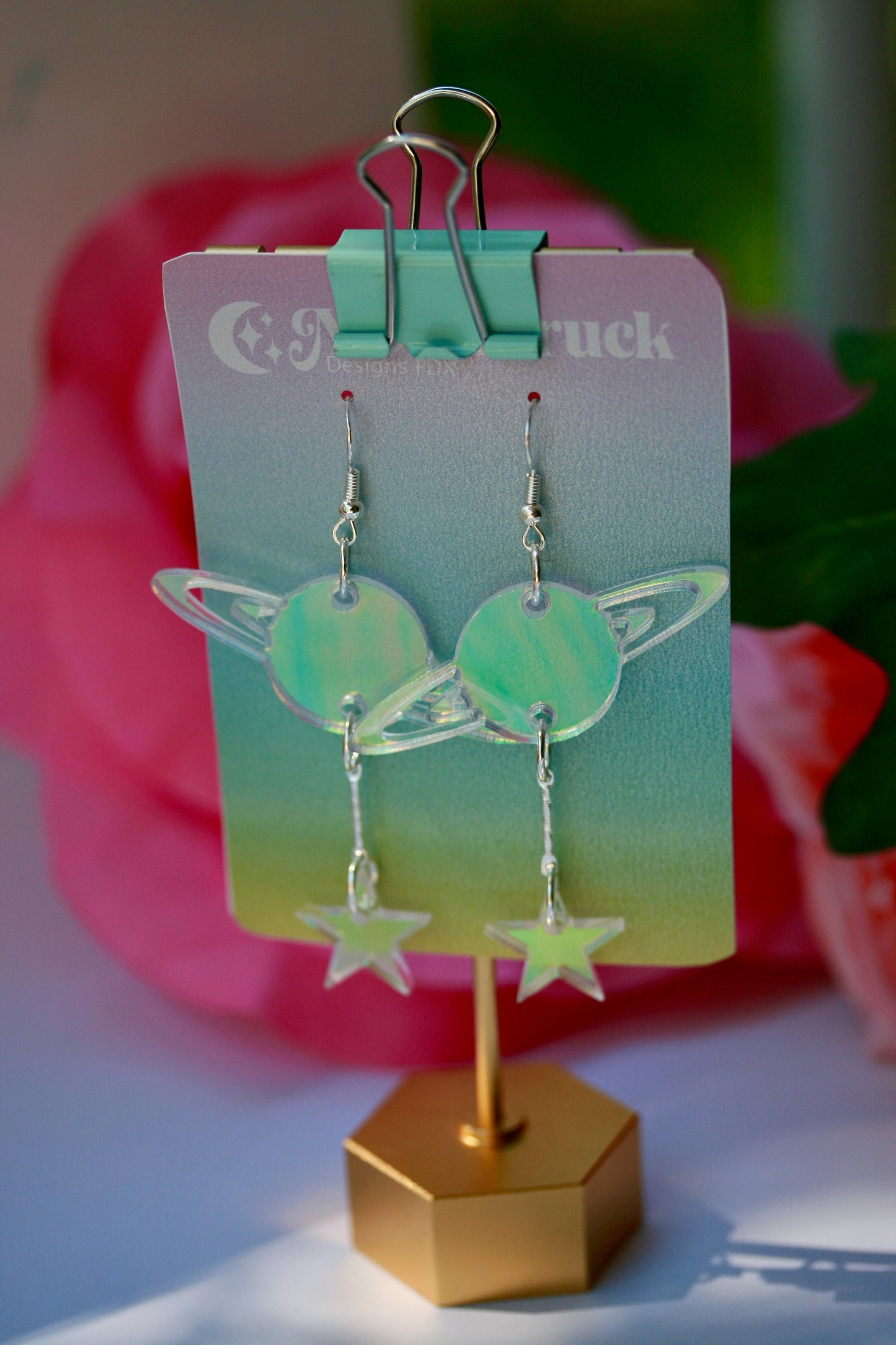 Saturn Earrings- Sky Celestial Earth Cosmic Solar System Planet Globe Blackhole Star Holo Lasercut Iridescent Reflective Rainbow Earrings