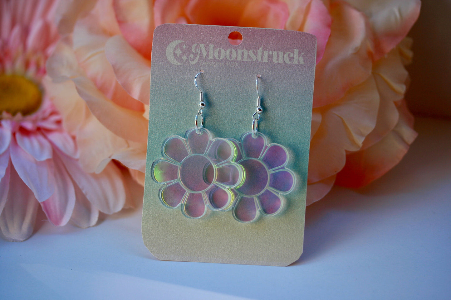 Daisy Earrings - Retro Groovy 70s Flower Bloom Blossom Plant Romantic Leaf Plant Dangle Acrylic Opalescent Iridescent Rainbow Reflective